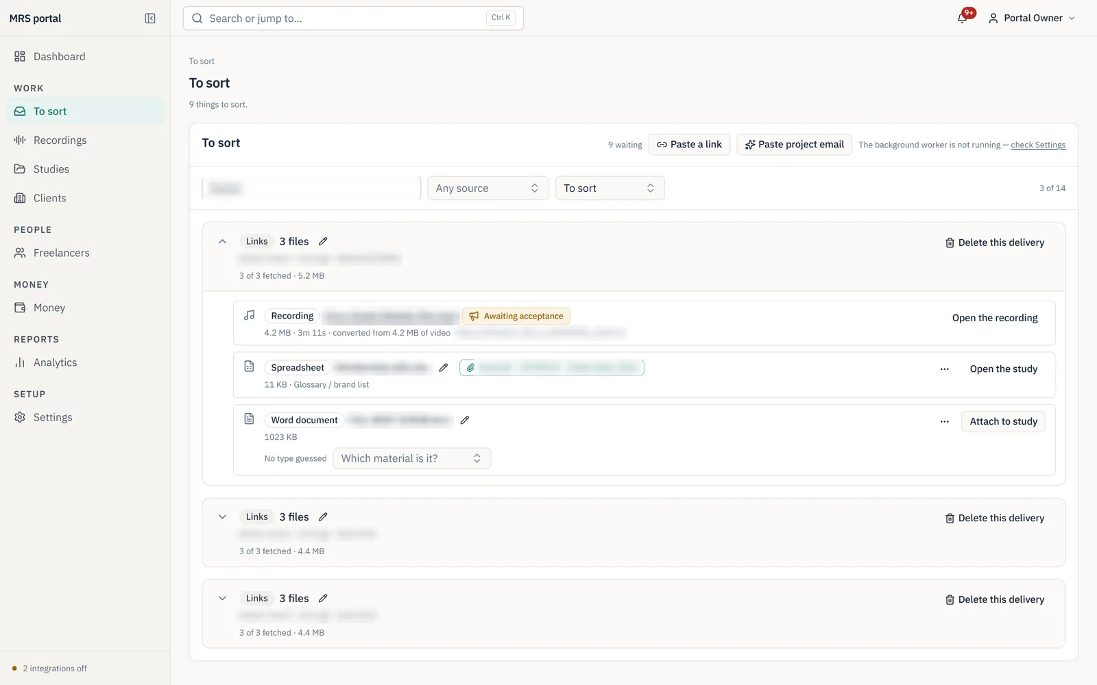 MRS Portal intake screen: client deliveries fetched from links, with recordings, spreadsheets and documents labelled automatically