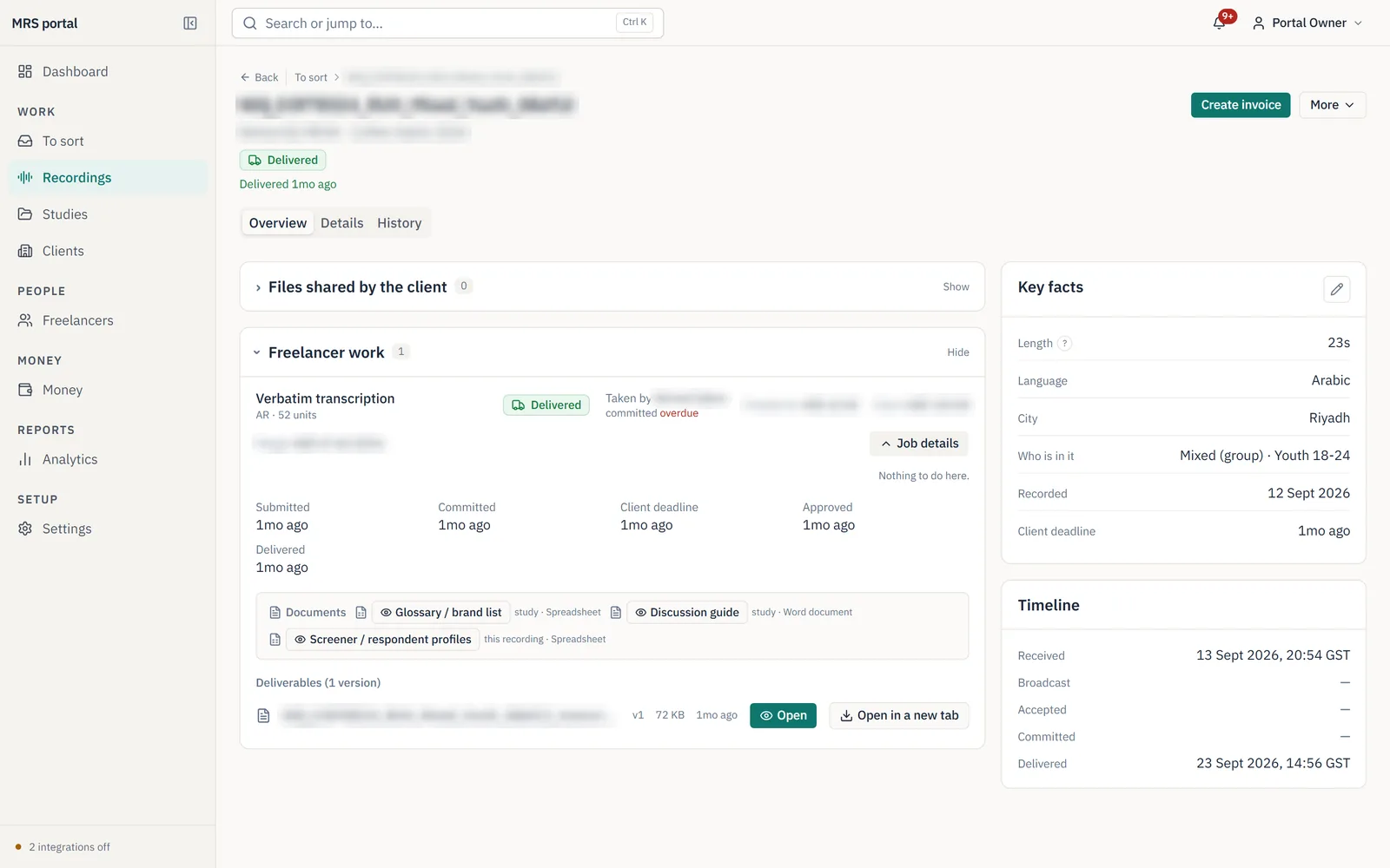MRS Portal recording page with freelancer work, documents, deliverables, key facts and timeline
