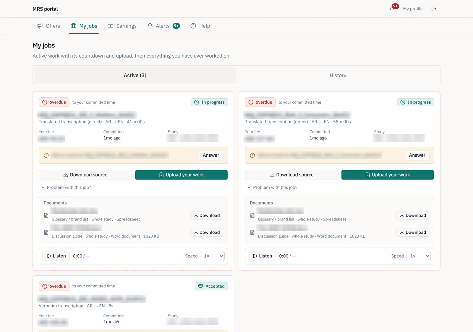 MRS Portal freelancer app showing active jobs with countdowns, check-ins, downloads and upload buttons