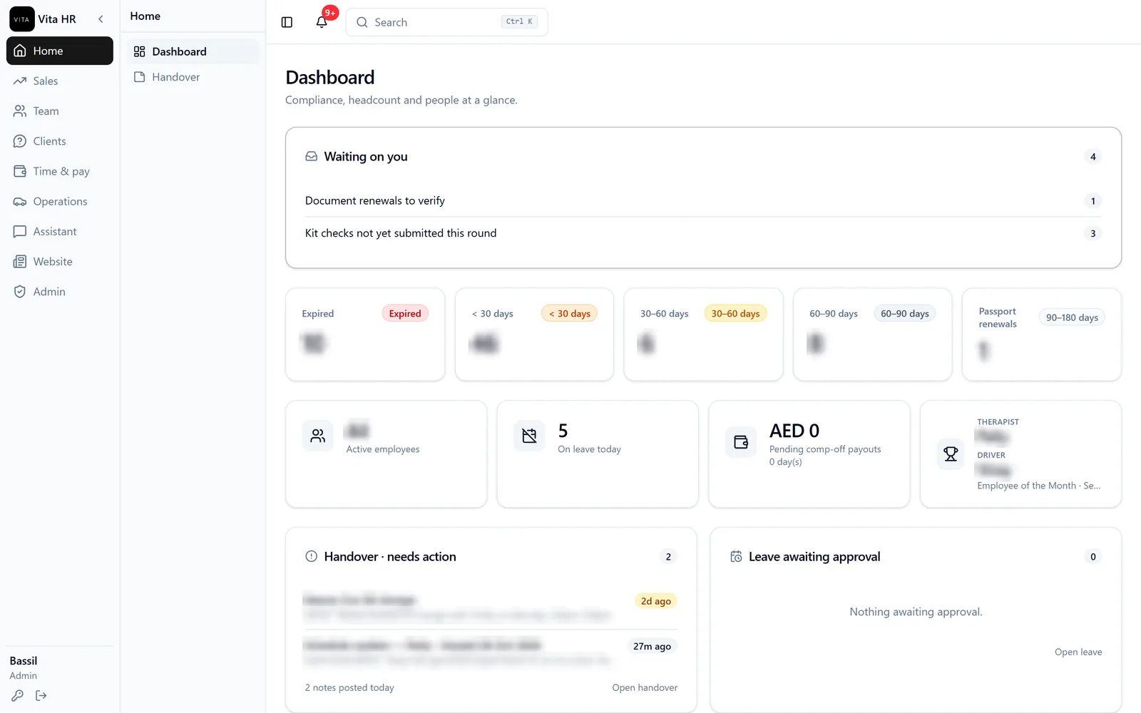 Vita HR portal dashboard