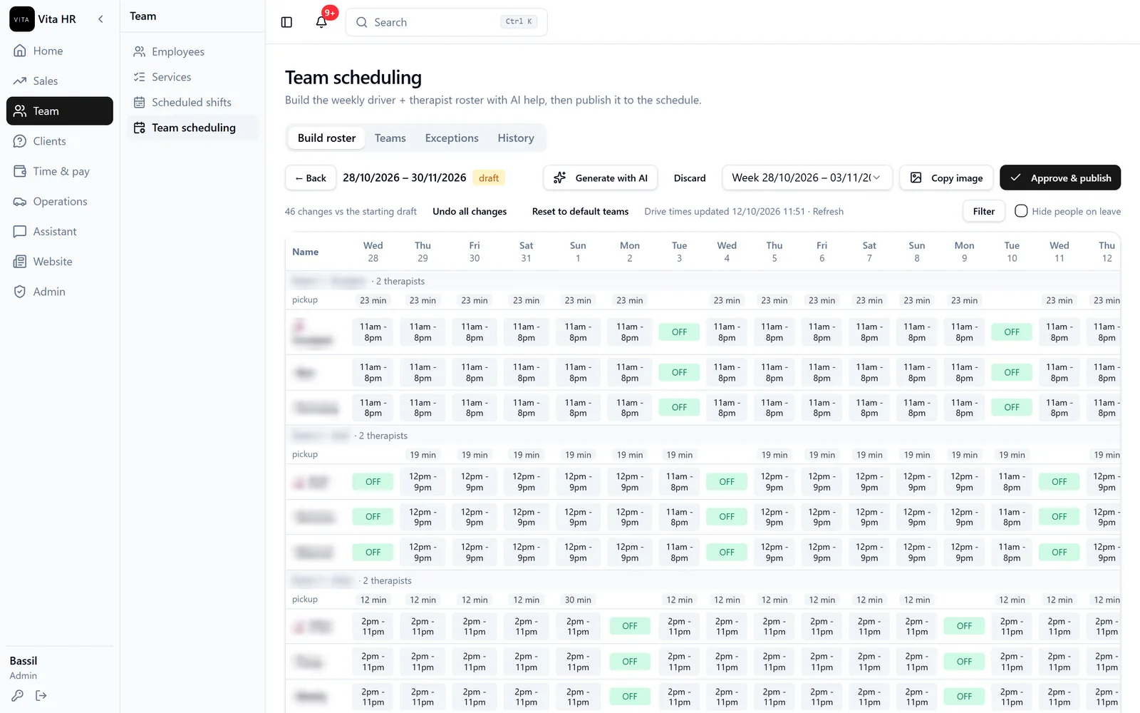 Vita team scheduling screen: weekly driver and therapist roster built with AI and published to the schedule