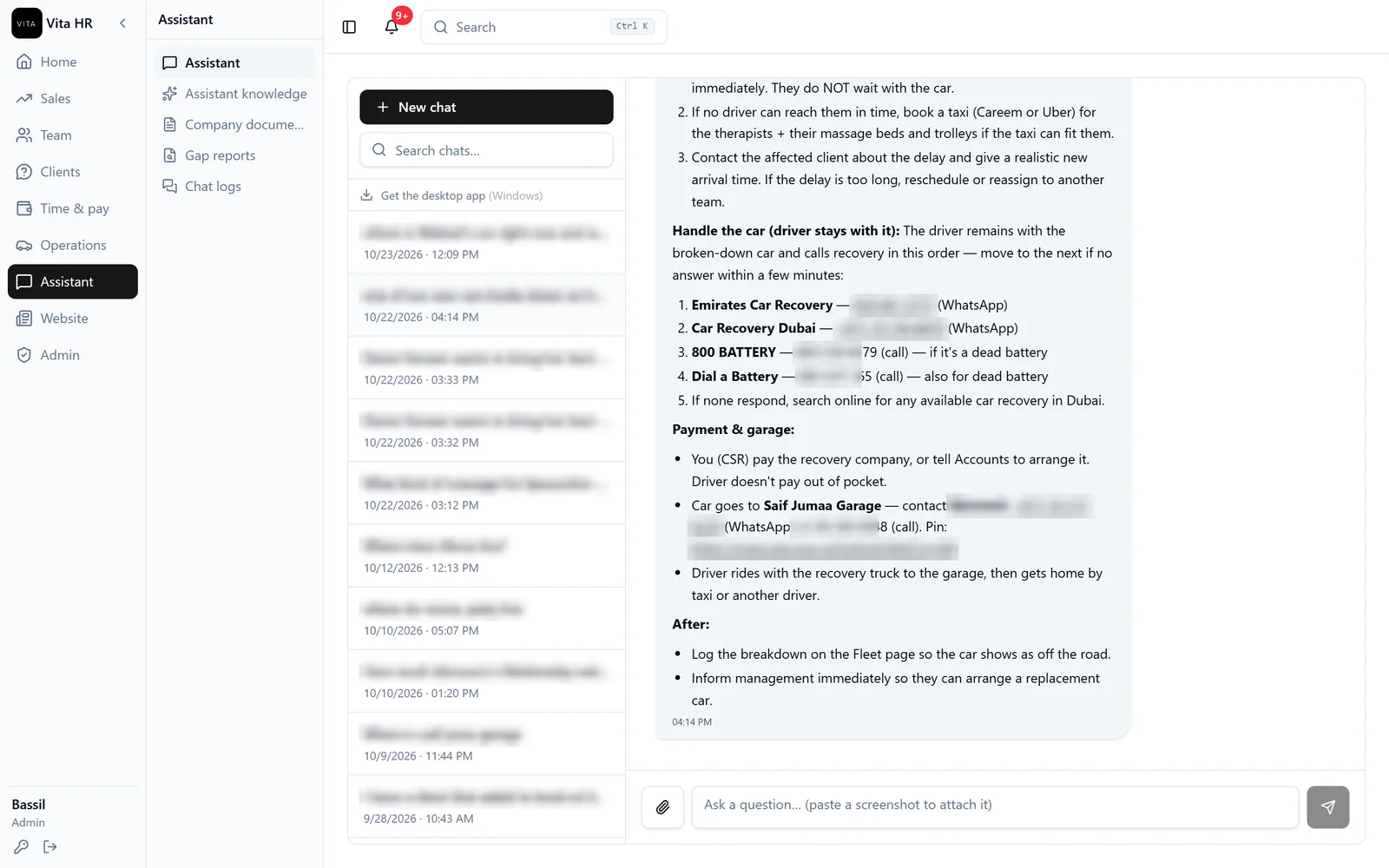 Vita team assistant answering a staff question with a step-by-step procedure from the company knowledge base